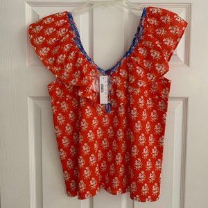 NWT J Crew Red Floral V-neck Ruffle Top Cotton sz XS